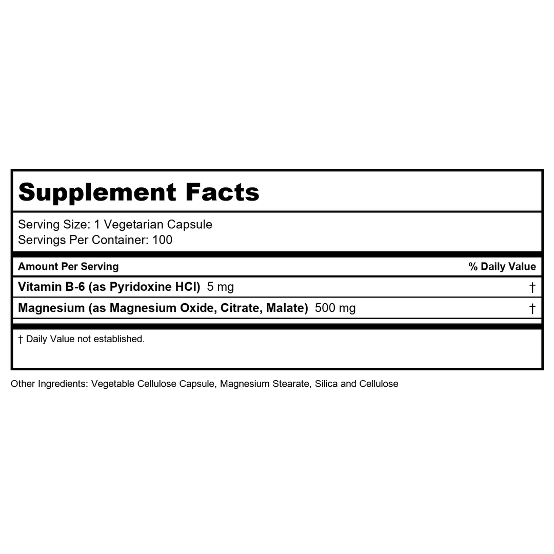 Natures Life Renewing Magnesium 500 mg - Magnesium Citrate, Magnesium Malate, Magnesium Oxide Plus Vitamin B-6 - Muscles and Nerves Support - Lab Verified (100 Servings, 100 VegCaps) - Supplement Facts panel