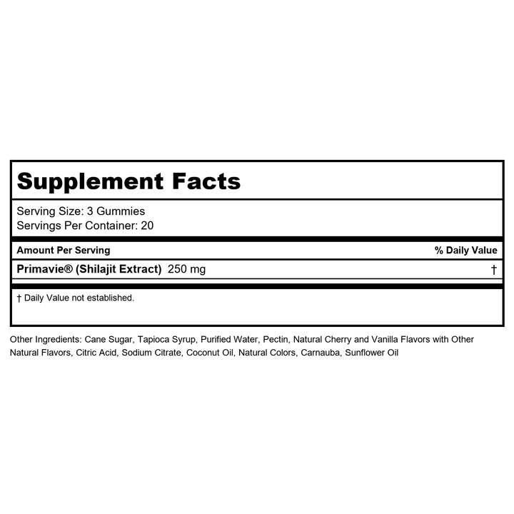 ZHOU Shilajit Gummies - Pure Himalayan Shilajit for Men and Women with Natural Resin Extract, 250 mg Per Serving, Clinically Studied, Gluten Free Formula - Cherry Vanilla Flavor, 60 Chews - Supplement Facts panel