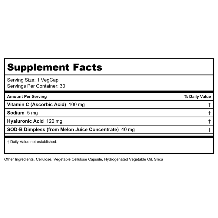 Zhou Body Smooth - Cellulite Pills for Women, Dimpless Anti Cellulite Supplement for Firm Smooth Skin with Hyaluronic Acid &amp; Vitamin C, Skincare for Thigh, Legs, Butt, Supports Hydration - 30 Capsules - Supplement Facts panel