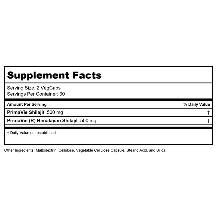 SOLARAY Shilajit 500 mg, PrimaVie (R) Himalayan Shilajit for Men, Adaptogenic Cellular Energy Support, Men’s Health Supplement, Vegan, Gluten Free, 60-Day Guarantee - 30 Servings, 60 VegCaps - Supplement Facts panel