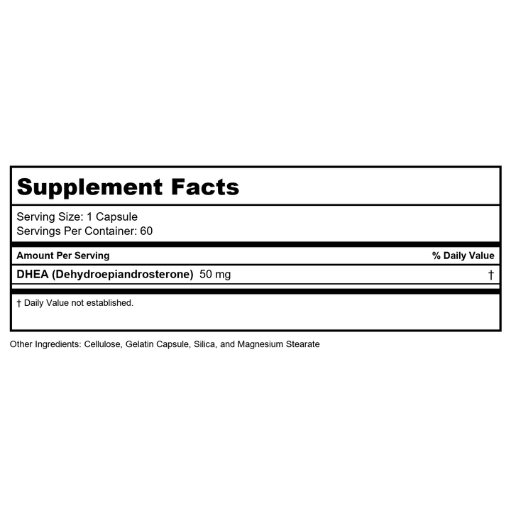 SOLARAY DHEA Supplement for Women and Men - DHEA 50mg - Supports Hormone Balance and Healthy Aging - Lab Verified, Gluten Free, Made Without Soy - 60-Day Guarantee - 60 Servings, 60 Capsules - Supplement Facts panel