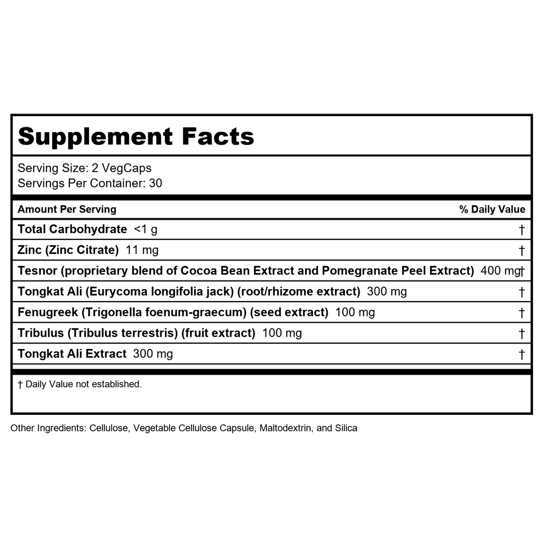 SOLARAY Testosterone Support, Muscle Health and Libido Supplement for Men - Clinically Studied Tesnor and Tongkat Ali Extract - 60 Day Money-Back Guarantee, 60 VegCaps, 30 Servings - Supplement Facts panel