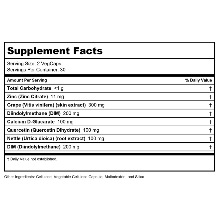 SOLARAY DIM Supplement for Men - Clinically Studied DIM 200mg Supports Hormone Balance - Plus Zinc and Quercetin - Vegan, Gluten Free, 60 Day Money-Back Guarantee - 30 Servings, 60 VegCaps - Supplement Facts panel