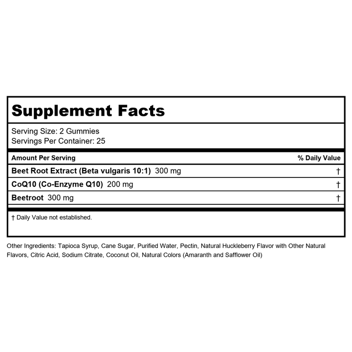 ZHOU CoQBeet Gummies - Beet Root Gummies for Men &amp; Women, Heart Health &amp; Cellular Energy Support Supplement, 300 mg Beetroot &amp; 200 mg CoQ10, Vegan, Gluten Free, Natural Huckleberry Flavor - 50 Count - Supplement Facts panel