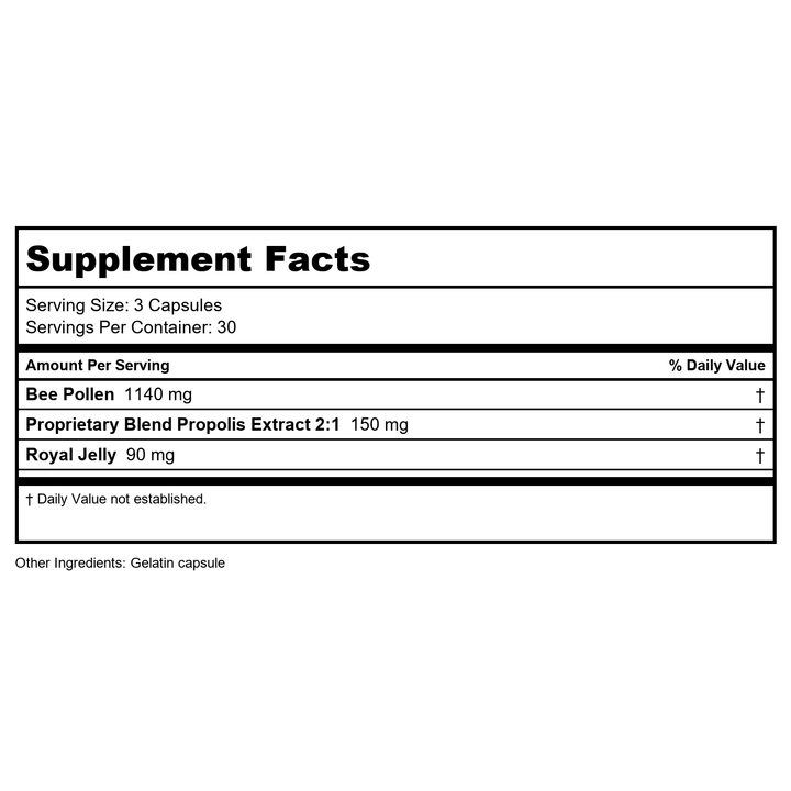 Montana Big Sky, Bee Pollen Royal Jelly and Propolis Capsules, 90 Count (Pack of 12) - Supplement Facts panel