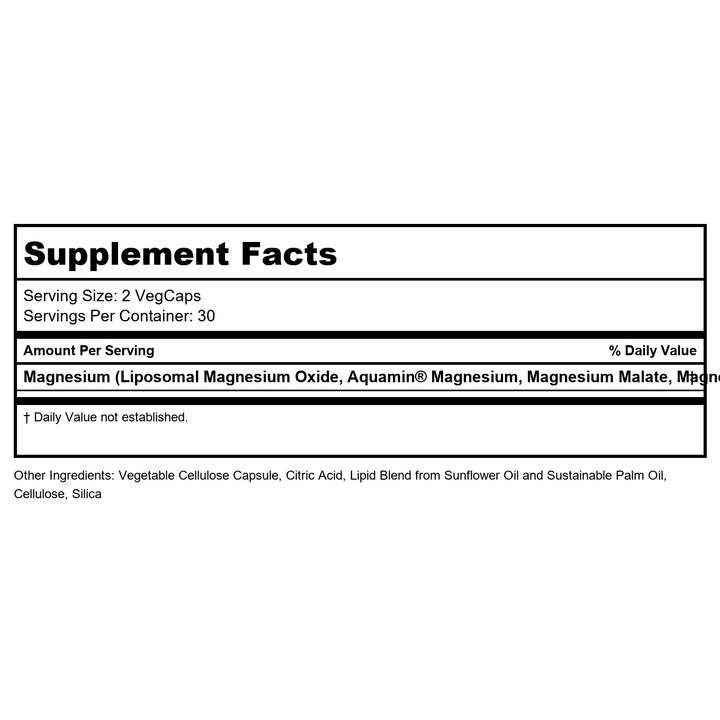 KAL Magnesium Complex 7 - Total Complex with Magnesium Glycinate, Citrate, Malate and More - Relaxation and Whole Body Support Supplements - Vegan, 60-Day Guarantee - 30 Servings - 60 VegCaps - Supplement Facts panel