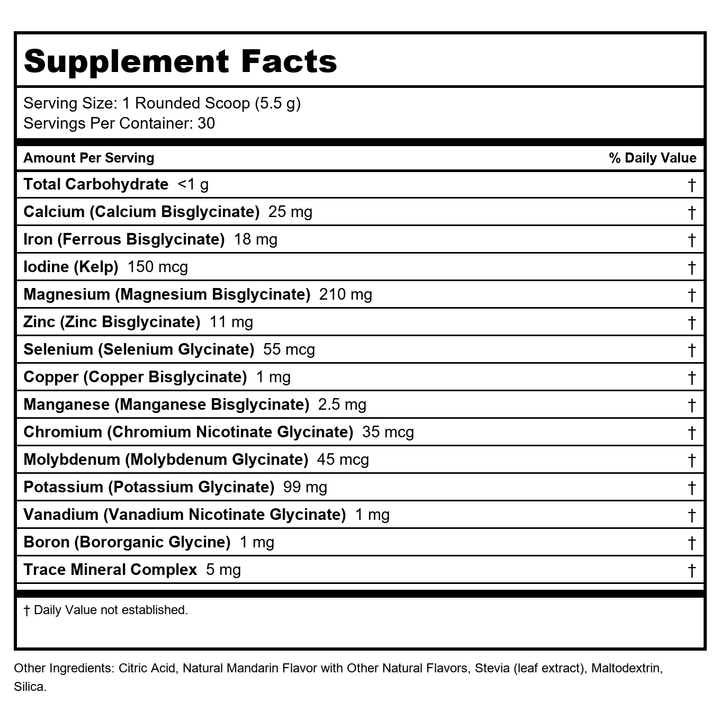 KAL Total Mineral+ Powder - Total Complex - Magnesium Glycinate, Zinc, Calcium and More - Bone Health &amp; Whole Body Support Supplement - Vegan, Non-GMO, Gluten-Free 60-Day Guarantee - 30 Servings - Supplement Facts panel