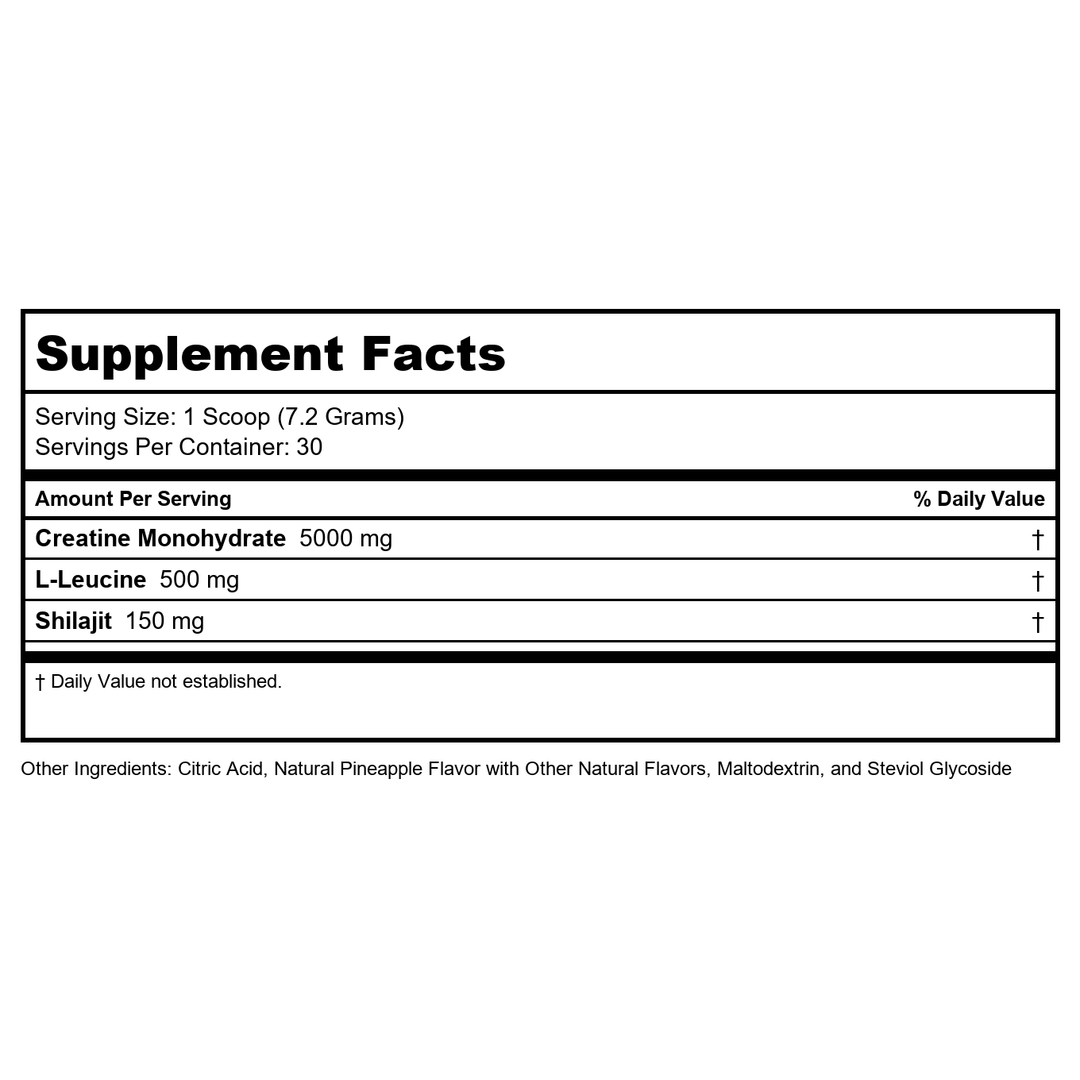 SOLARAY Creatine with Shilajit – Muscle Power and Growth Support with Creatine Monohydrate and L-Leucine Amino Acids – Natural Pineapple Flavor – Vegan, Gluten Free – 30 Servings, 7.6 OZ - Supplement Facts panel