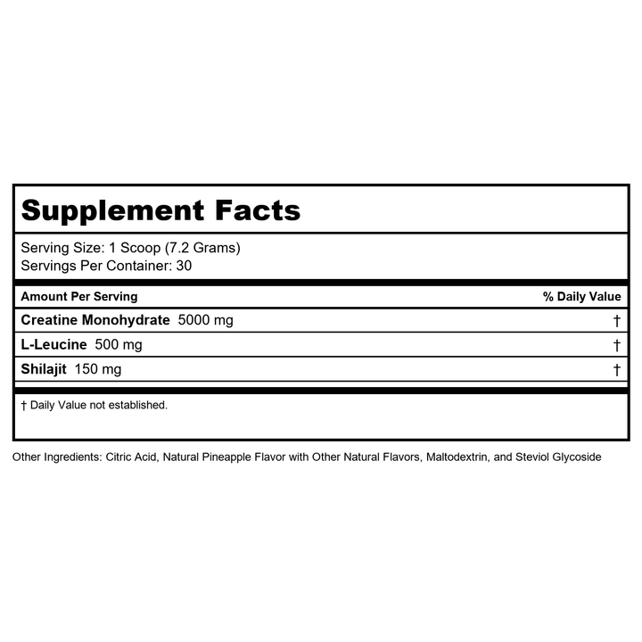 SOLARAY Creatine with Shilajit – Muscle Power and Growth Support with Creatine Monohydrate and L-Leucine Amino Acids – Natural Pineapple Flavor – Vegan, Gluten Free – 30 Servings, 7.6 OZ - Supplement Facts panel