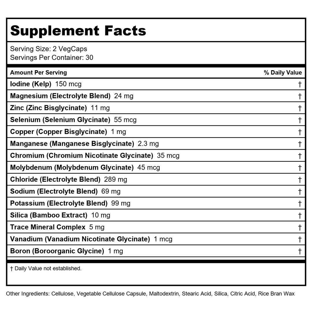 Zhou Essential Mineral Complex Full-Spectrum Minerals for Bone, Immune, Muscle, Heart &amp; Antioxidant Support Vegan, Gluten Free, Non-GMO 30 Servings, 60 VegCaps - Supplement Facts panel