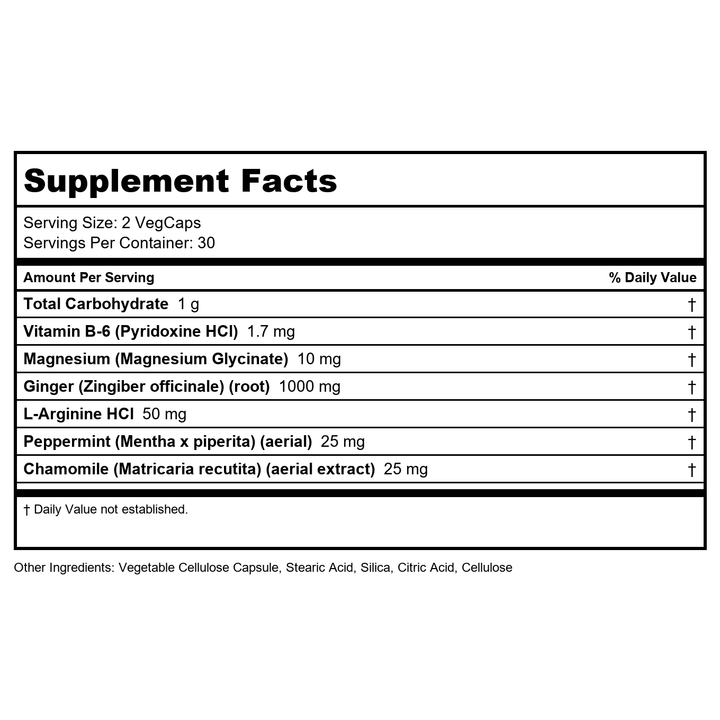 NATURAL BALANCE Happy Traveler - Travel Essentials - Nausea Relief from Motion Sickness with Ginger Root, Peppermint, Vitamin B6 and Magnesium - Lab Verified, 60-Day Guarantee, 30 Servings, 60 VegCaps - Supplement Facts panel