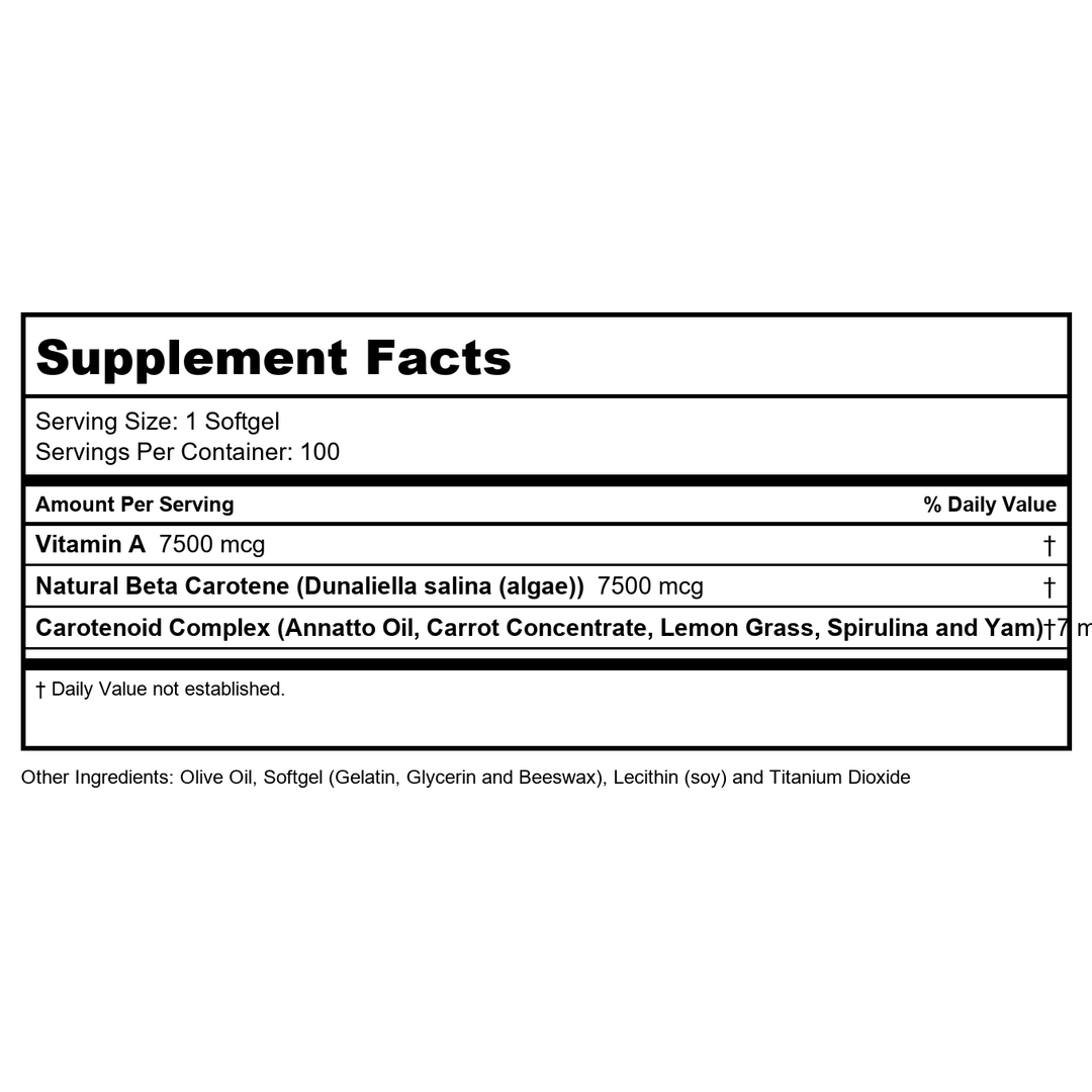 SOLARAY Food Carotene 7500mcg (25000 IU) - Beta Carotene Vitamin A Supplement - Wellness and Immune Support Supplement, Potent Eye Vitamins and Skin Food, Plant Sourced, 60-Day Guarantee, 100 Softgels - Supplement Facts panel