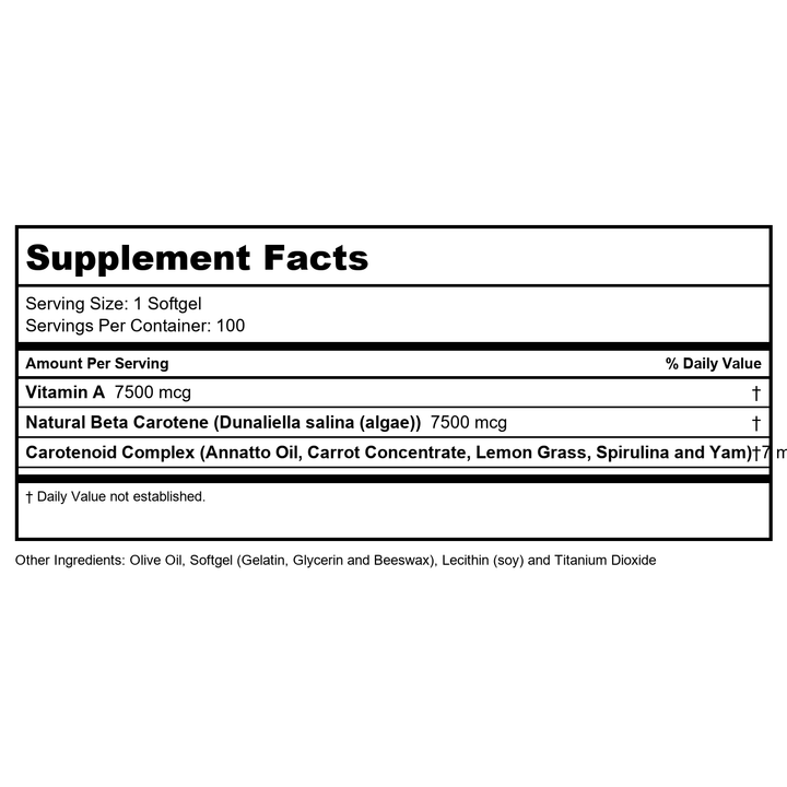 SOLARAY Food Carotene 7500mcg (25000 IU) - Beta Carotene Vitamin A Supplement - Wellness and Immune Support Supplement, Potent Eye Vitamins and Skin Food, Plant Sourced, 60-Day Guarantee, 100 Softgels - Supplement Facts panel