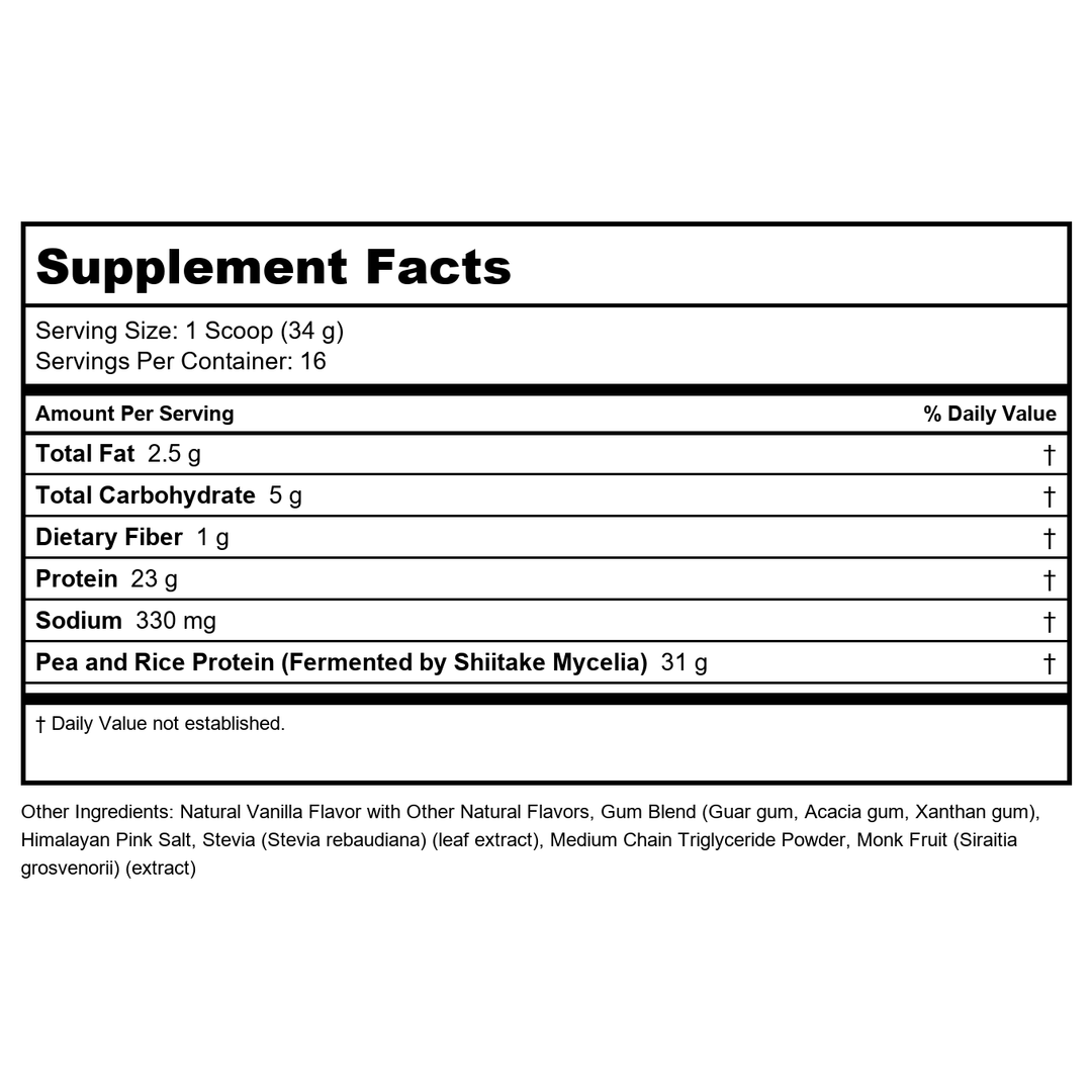 Zhou Plant Complete Vegan Protein Powder - Plant Based Protein Powder for Women &amp; Men, Non Dairy Rice &amp; Pea Protein Blend for Smoothies and Shakes, 21g Per Serving - Vanilla, 17.7oz (16 Servings) - Supplement Facts panel