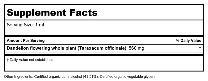 Herb Pharm Dandelion 8 oz - Supplement Facts panel