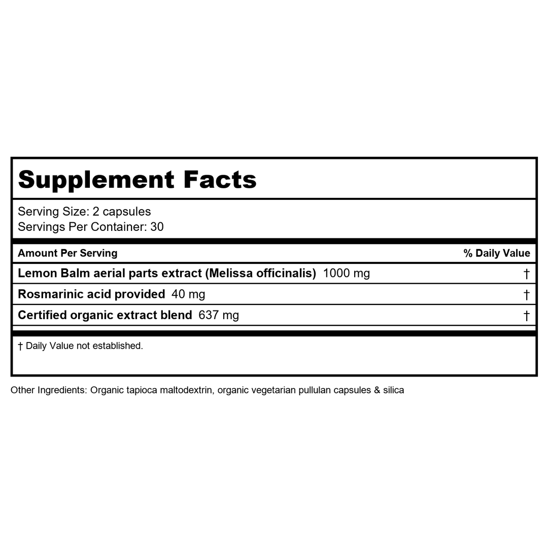 Herb Pharm Lemon Balm Calm Capsules: Calming Nervous System Support, Certified Organic Capsules with Lemon Balm Leaf Extract, Melatonin Free Relaxing Supplement, Vegan, 30 Day Supply, 60 Capsules - Supplement Facts panel