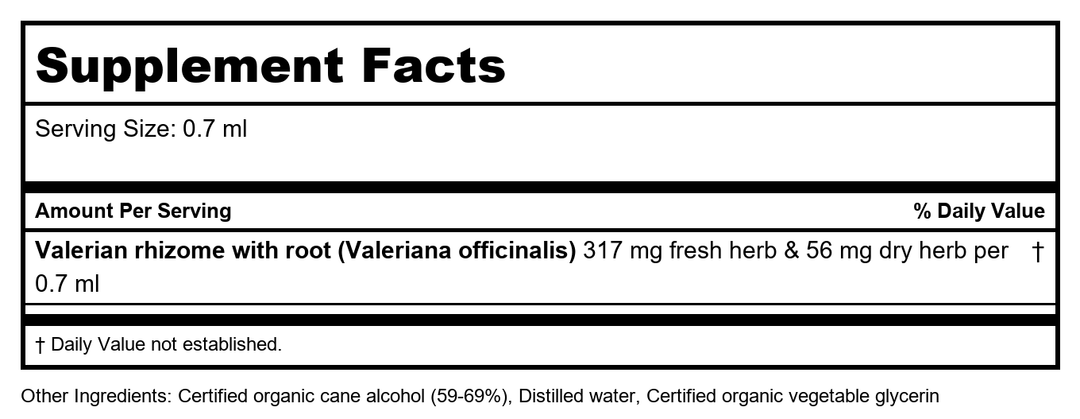 Herb Pharm Valerian Root Sleep Support Capsules: Certified Organic Sleep Aid for Adults Valeriana Extract for Relaxation, Non-Bitter, Melatonin Free, Vegan, ~30-60 Day Supply, 60 Capsules* - Supplement Facts panel