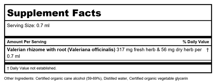 Herb Pharm Valerian Root Sleep Support Capsules: Certified Organic Sleep Aid for Adults Valeriana Extract for Relaxation, Non-Bitter, Melatonin Free, Vegan, ~30-60 Day Supply, 60 Capsules* - Supplement Facts panel