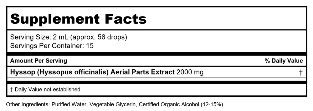 Hyssop Dropper 0.25 Ounces - Supplement Facts panel
