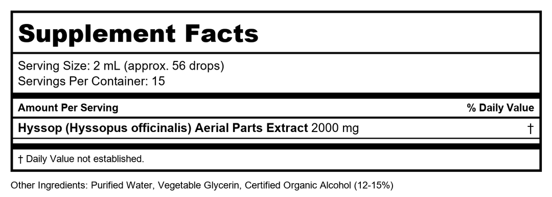 Hyssop Dropper 0.25 Ounces - Supplement Facts panel