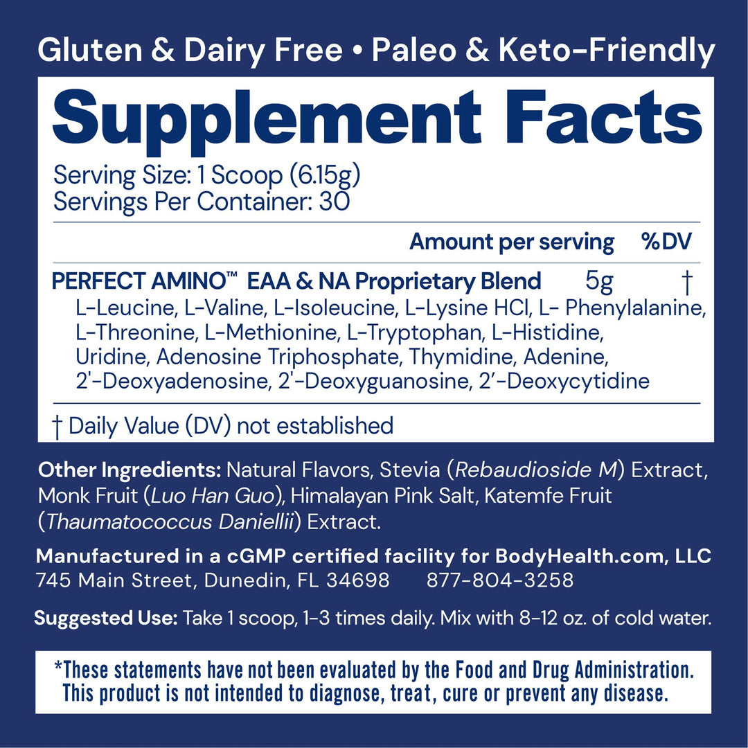 BodyHealth PerfectAmino Powder - BCAA and EAA Powder for Pre and Post Workout - Amino Acid Energy Drink for Men and Women to Support Lean Muscle and Recovery - Chocolate - 30 Servings - Supplement Facts panel