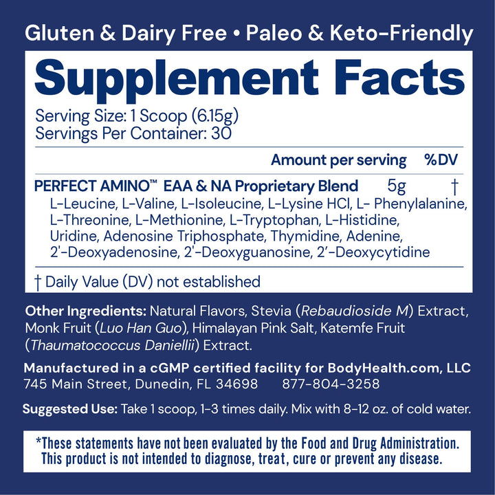 BodyHealth PerfectAmino Powder - BCAA and EAA Powder for Pre and Post Workout - Amino Acid Energy Drink for Men and Women to Support Lean Muscle and Recovery - Chocolate - 30 Servings - Supplement Facts panel