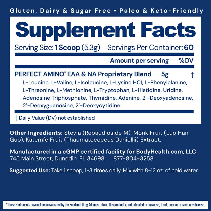 BodyHealth PerfectAmino - BCAA and EAA Powder for Pre and Post Workout - Amino Acid Energy Drink for Men and Women to Support Lean Muscle and Recovery - Unflavored (Lightly Sweetened) - 60 Servings - Supplement Facts panel