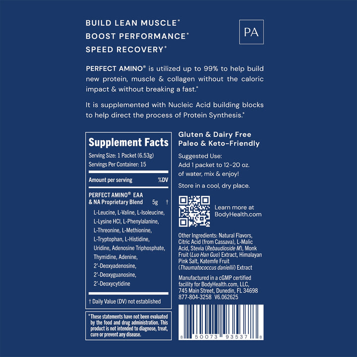 BodyHealth PerfectAmino Powder - BCAA and EAA Powder for Pre and Post Workout - Amino Acid Energy Drink for Men and Women to Support Lean Muscle and Recovery - Strawberry - Stick Packs - 15 Servings - Supplement Facts panel