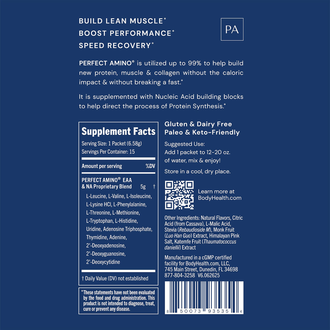 BodyHealth PerfectAmino Powder - BCAA and EAA Powder for Pre and Post Workout - Amino Acid Energy Drink for Men and Women to Support Lean Muscle and Recovery - Mixed Berry - Stick Packs - 15 Servings - Supplement Facts panel