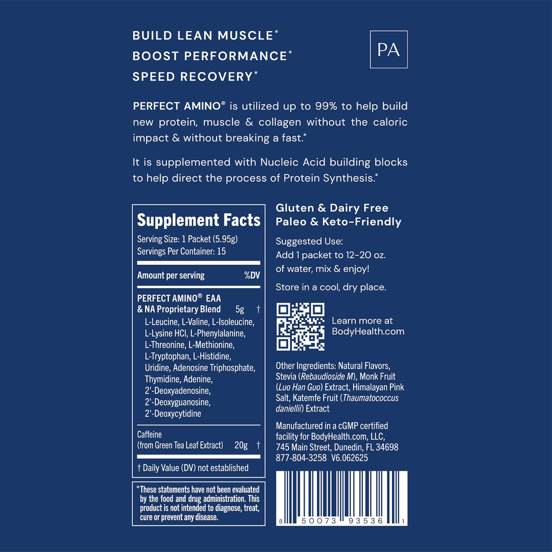 BodyHealth PerfectAmino Powder - BCAA and EAA Powder for Pre and Post Workout - Amino Acid Energy Drink for Men and Women to Support Lean Muscle and Recovery - Mocha - Stick Packs - 15 Servings - Supplement Facts panel