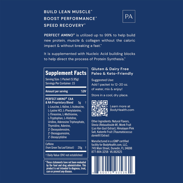 BodyHealth PerfectAmino Powder - BCAA and EAA Powder for Pre and Post Workout - Amino Acid Energy Drink for Men and Women to Support Lean Muscle and Recovery - Mocha - Stick Packs - 15 Servings - Supplement Facts panel