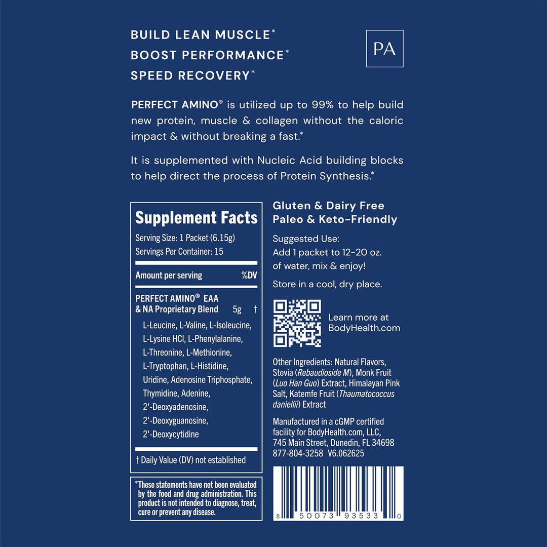 BodyHealth PerfectAmino Powder - BCAA and EAA Powder for Pre and Post Workout - Amino Acid Energy Drink for Men and Women to Support Lean Muscle and Recovery - Chocolate - Stick Packs - 15 Servings - Supplement Facts panel