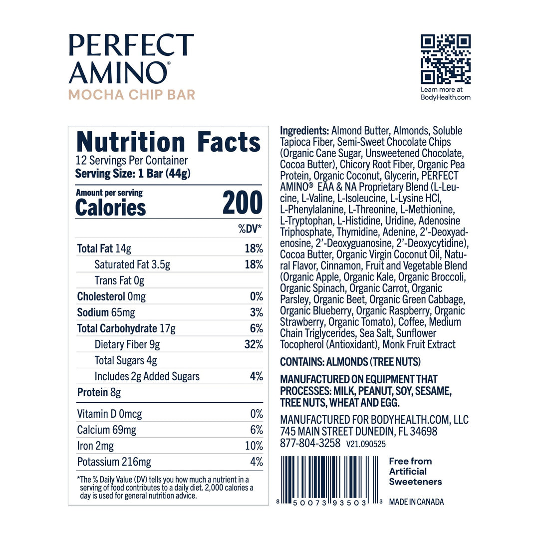 BodyHealth PerfectAmino Bar – Protein Energy Snack with 10g Protein, Plant-Based MCTs, Superfood Blend, Non-GMO, Gluten, Dairy &amp; Soy Free (Mocha, 12 Pack) - Supplement Facts panel