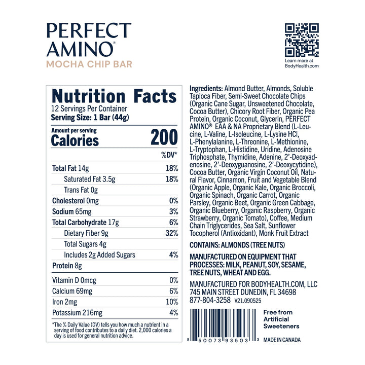 BodyHealth PerfectAmino Bar – Protein Energy Snack with 10g Protein, Plant-Based MCTs, Superfood Blend, Non-GMO, Gluten, Dairy &amp; Soy Free (Mocha, 12 Pack) - Supplement Facts panel