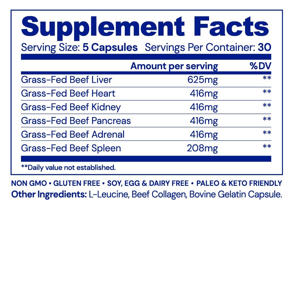 BodyHealth Organ+ Grass-Fed Glandular Organ Complex, Grassfed Beef Organ Supplement, Dessicated Beef Liver, Heart, Kidney, Pancreas, Spleen, Non GMO, Adrenal, Supplement, (150 Capsules) - Supplement Facts panel