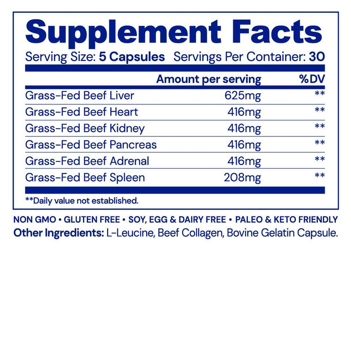 BodyHealth Organ+ Grass-Fed Glandular Organ Complex, Grassfed Beef Organ Supplement, Dessicated Beef Liver, Heart, Kidney, Pancreas, Spleen, Non GMO, Adrenal, Supplement, (150 Capsules) - Supplement Facts panel