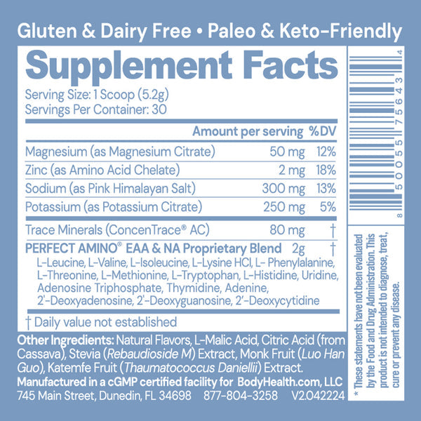 PerfectAmino Electrolytes by BodyHealth - Supplement Facts panel