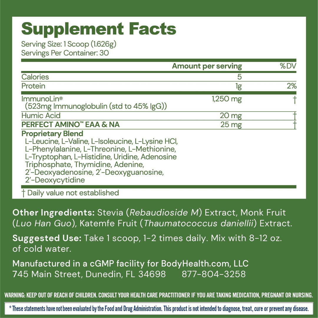 BodyHealth Gut Restore with PerfectAmino, ImmunoLin, and Humic Acid - Gut Health Supplement for Digestive and Immune Support - Unflavored - 30 Servings - Supplement Facts panel