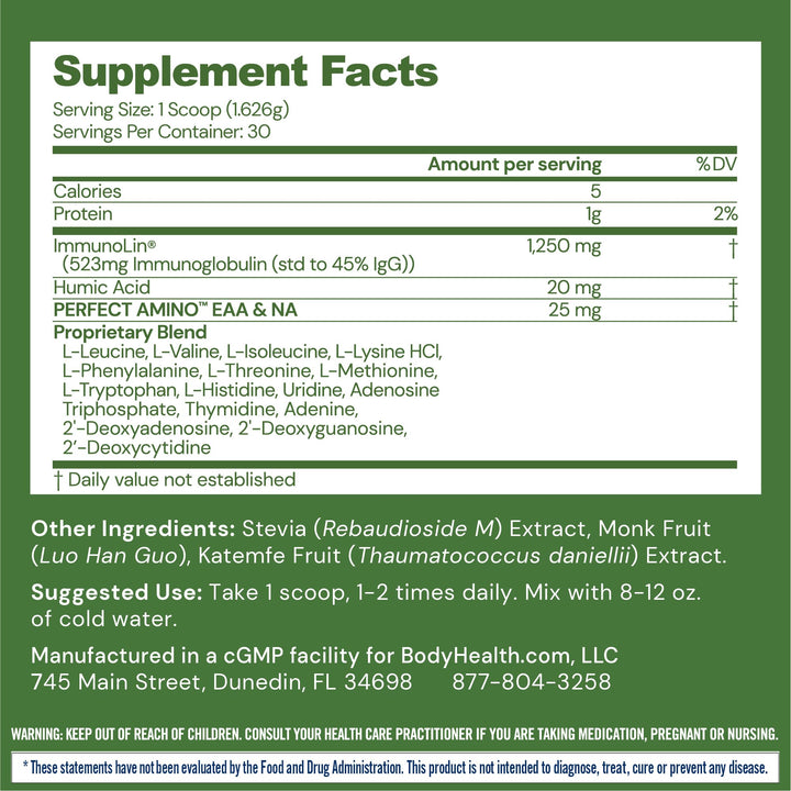 BodyHealth Gut Restore with PerfectAmino, ImmunoLin, and Humic Acid - Gut Health Supplement for Digestive and Immune Support - Unflavored - 30 Servings - Supplement Facts panel
