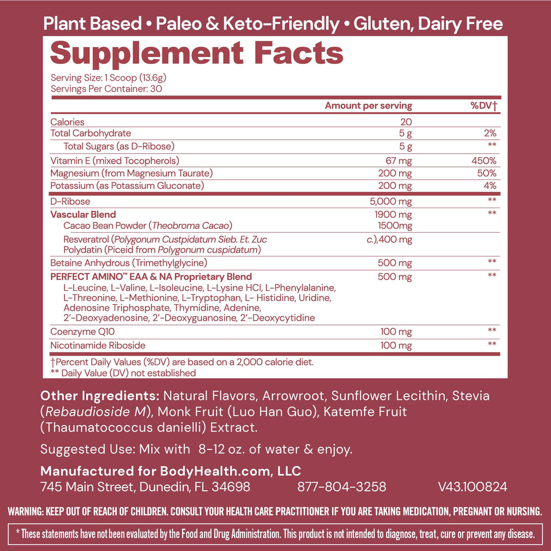 BodyHealth Cardio Vascular with PerfectAmino, Blood Flow and Heart Health Supplement Support with CoQ10, Nicotinamide Riboside, Resveratrol and D-Ribose, Chocolate Flavor, 30 Servings - Supplement Facts panel