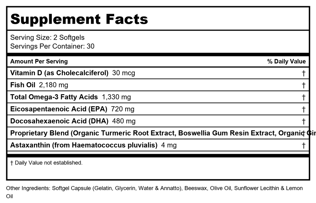 BodyHealth Omega 3 Health, Fish Oil Supplement for Women and Men, Heart and Brain Health, Fish Oil Pills, Fatty Acid Supplements, Omega 3 Vitamins - 60 Soft Gels - Supplement Facts panel