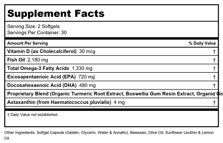BodyHealth Omega 3 Health, Fish Oil Supplement for Women and Men, Heart and Brain Health, Fish Oil Pills, Fatty Acid Supplements, Omega 3 Vitamins - 60 Soft Gels - Supplement Facts panel
