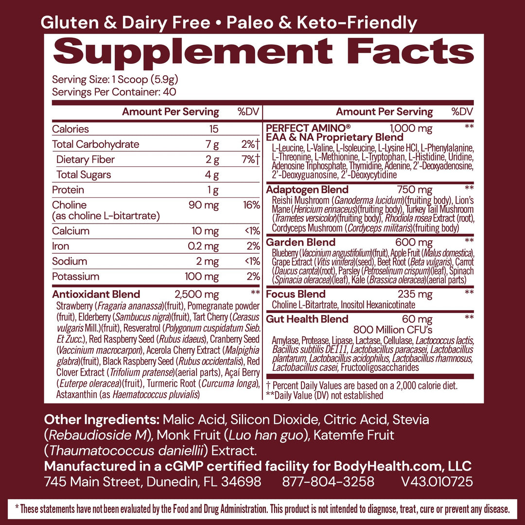 BodyHealth Reds Enhanced with PerfectAmino - Daily Superfood Smoothie Powder with Antioxidants, Adaptogens, Phytonutrients, Fruit, Prebiotics, Probiotics, Fiber, and Protein - 40 Servings - Supplement Facts panel