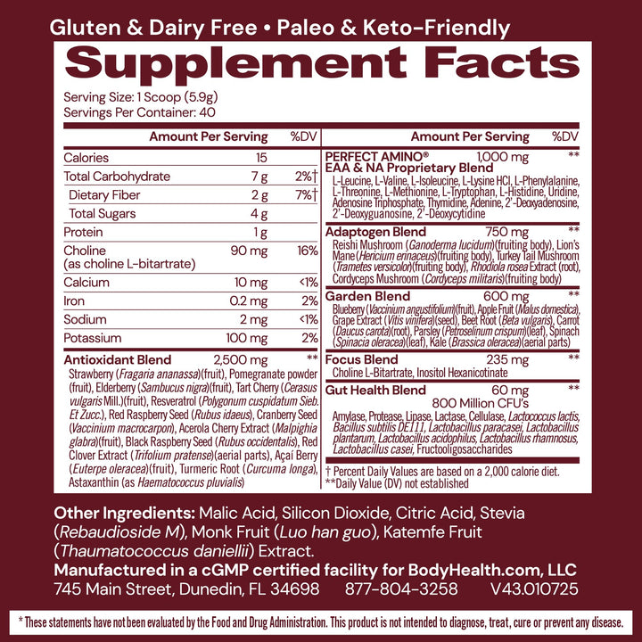 BodyHealth Reds Enhanced with PerfectAmino - Daily Superfood Smoothie Powder with Antioxidants, Adaptogens, Phytonutrients, Fruit, Prebiotics, Probiotics, Fiber, and Protein - 40 Servings - Supplement Facts panel