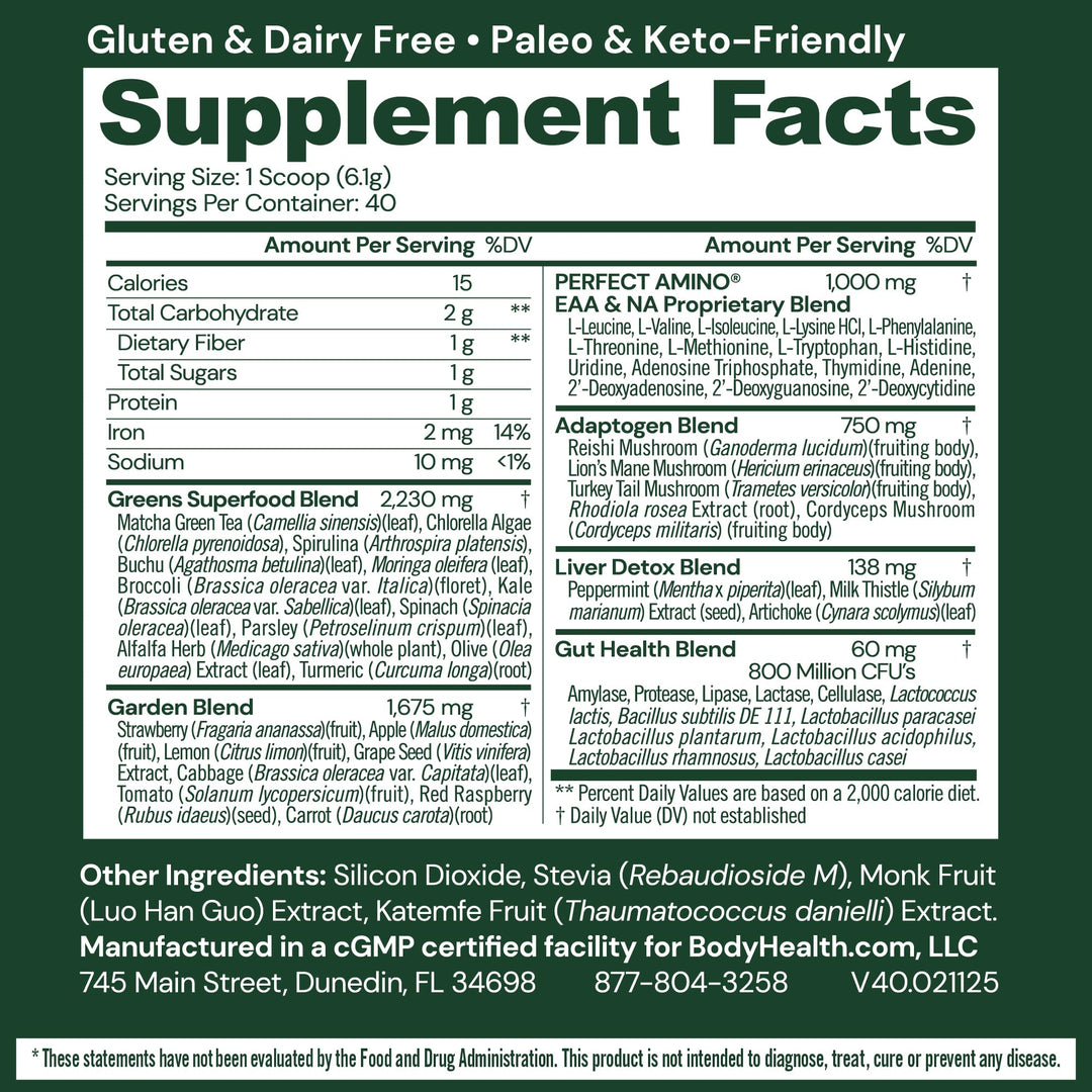 BodyHealth Greens Enhanced with PerfectAmino - Daily Superfood Green Apple Smoothie Powder with Vegetables, Fruit, Antioxidants, Prebiotics, Probiotics, Fiber, and Protein - 40 Servings - Supplement Facts panel