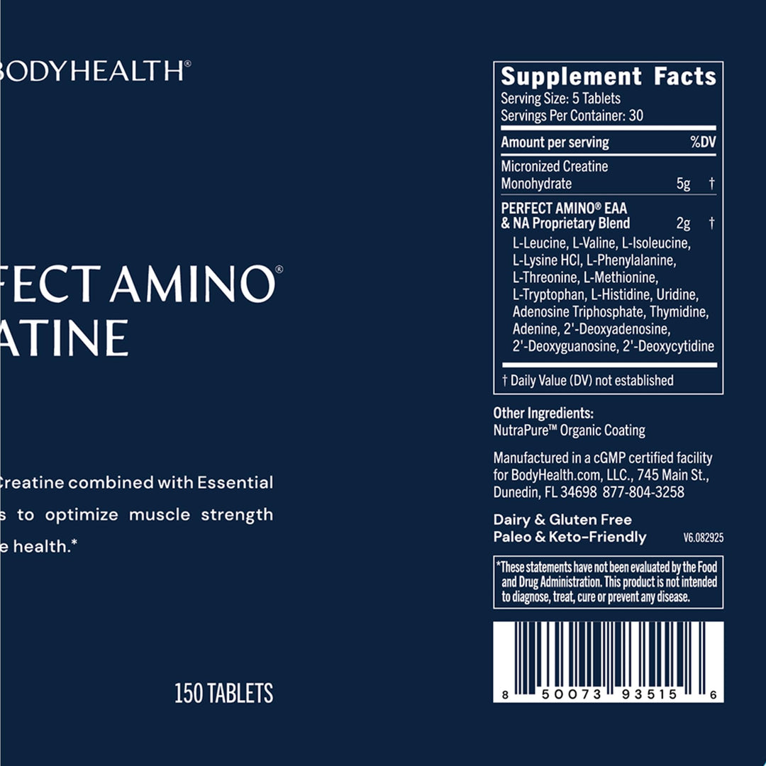 BodyHealth Creatine Monohydrate Tablets – Vegan Pre Workout Supplement with PerfectAmino, BCAAs &amp; EAAs – Keto-Friendly, Muscle Recovery &amp; Energy Support – 5g Creatine Equivalent per Serving - Supplement Facts panel