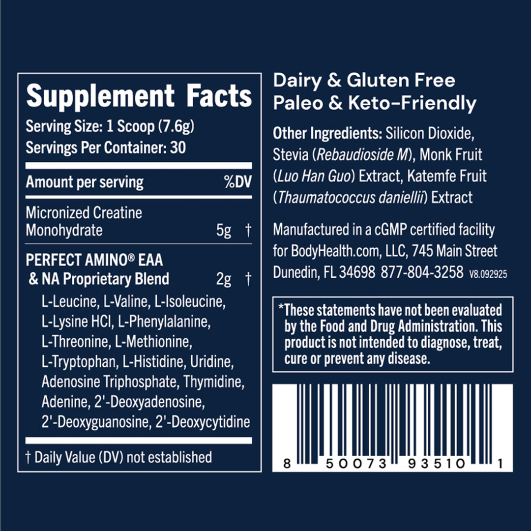BodyHealth Creatine Monohydrate Powder – Vegan Pre Workout Supplement with PerfectAmino, BCAAs &amp; EAAs – Keto-Friendly, Muscle Recovery &amp; Energy Support – 5g Creatine per Serving. - Supplement Facts panel