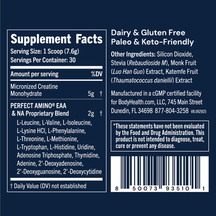 BodyHealth Creatine Monohydrate Powder – Vegan Pre Workout Supplement with PerfectAmino, BCAAs &amp; EAAs – Keto-Friendly, Muscle Recovery &amp; Energy Support – 5g Creatine per Serving. - Supplement Facts panel