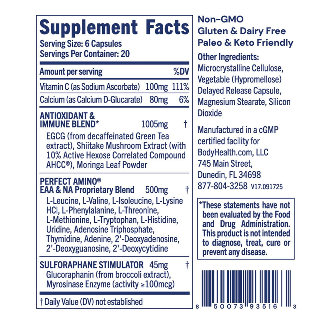 BodyHealth Cellular Guard - 100mg Vitamin C, 80mg Calcium | Sulforaphane Activation &amp; Antioxidant Support | Promotes Cellular Health, Immune Resilience &amp; Detox Pathways - 120 Capsules - Supplement Facts panel