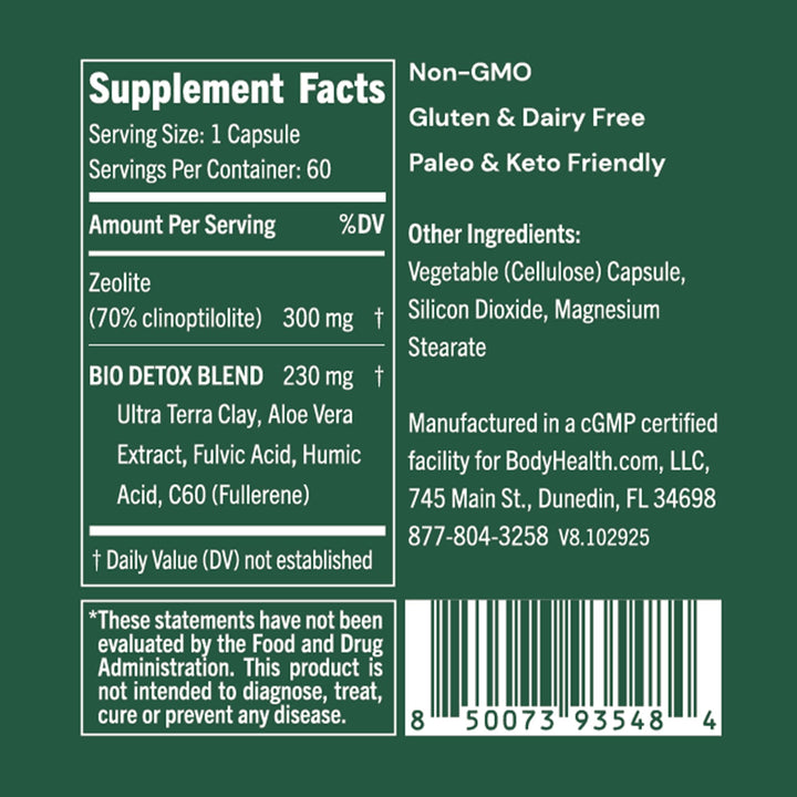 BodyHealth Bio Detox 300mg - Zeolite &amp; Terra Clay Complex – Natural Detox Support with Fulvic &amp; Humic Acids for Gut Balance and Cellular Protection - 60 Capsules - Supplement Facts panel